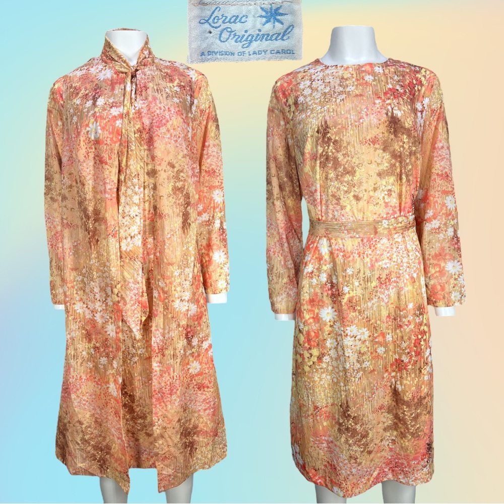 VTG 70's Lorac Original Orange Yellow Brown floral  L/S Dress with Long Vest M/L